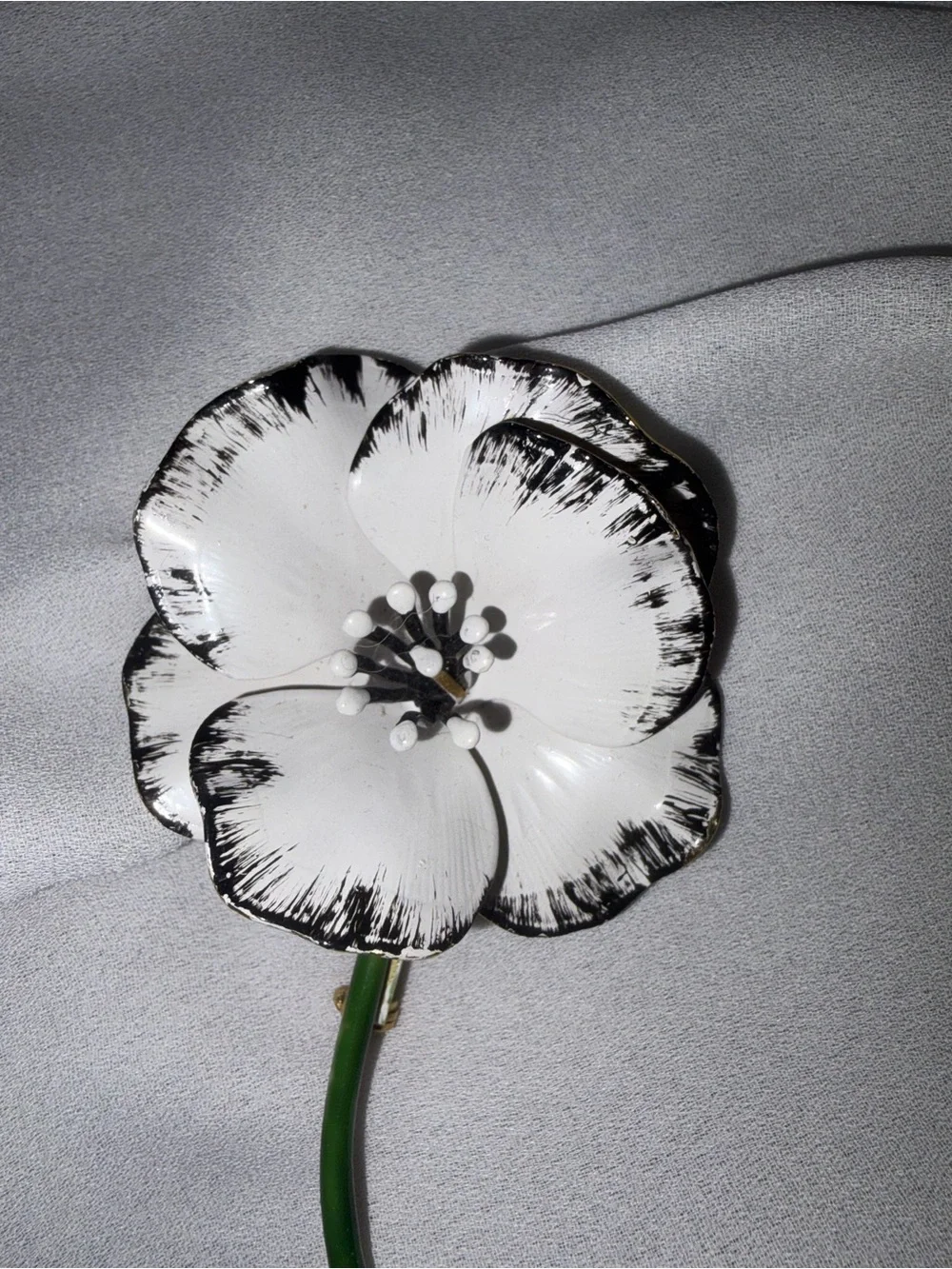 Original by Robert Enamel Flower Brooch White Black Green Stem Vintage Signed